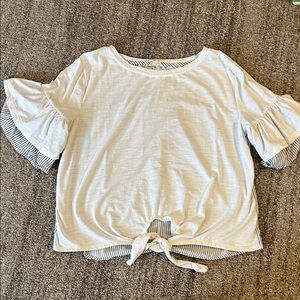 Hem & Thread White Ruffle Sleeve Blouse with Tie Front